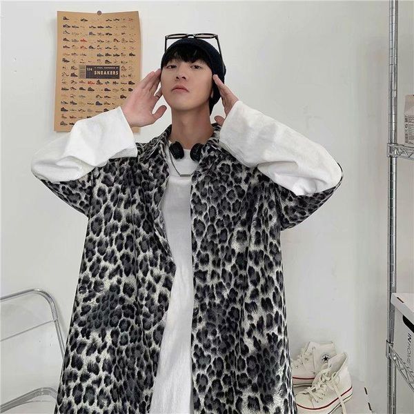 

men's dress shirts gaojie fashion leopard print short sleeve shirt summer korean fried street 5-sleeve ruffian handsome coat, White;black