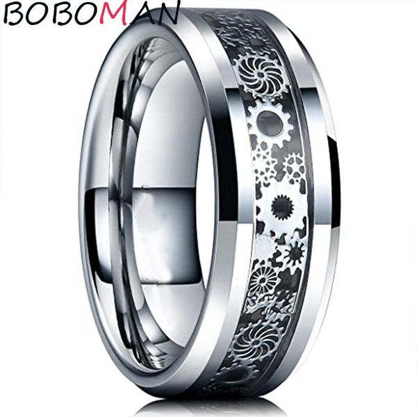 

cluster rings 8mm silvery trendy party mechanical gear wheel stainless steelwedding band black carbon fiber inlay beveled edges comfort, Golden;silver