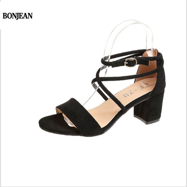 

sandals women's high heels summer korean version of the wild thick with a word buckle strap shoes, Black