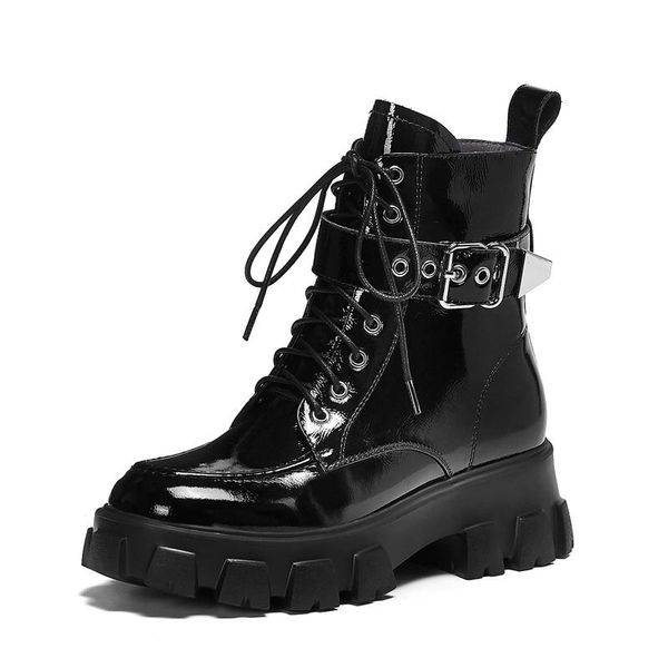 

boots handsome tooling winter british style trifle bottom patent leather short women thick-soled motorcycle, Black