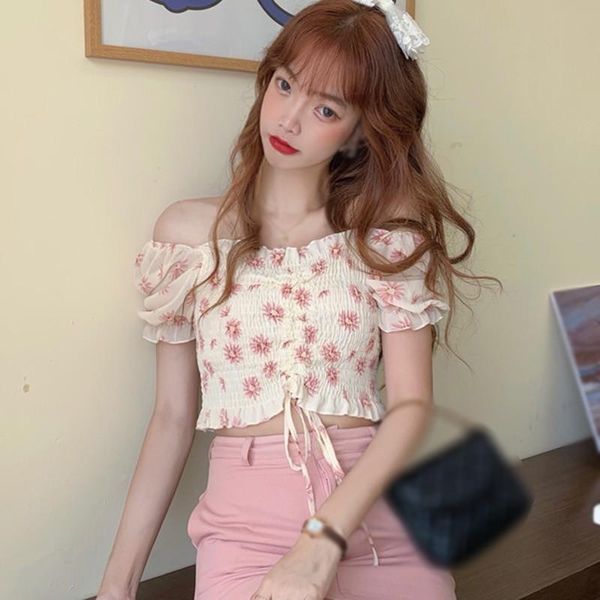 

woman's chiffon shirts blusas mulher verao korean fashion small floral print square collar sweet pleated short women's blouses &, White