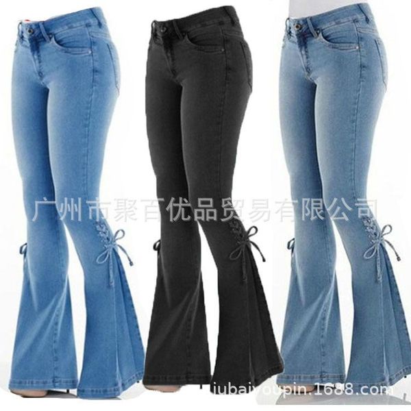 

women's jeans medium waist lace-up cowboy trousers elasticity, Blue