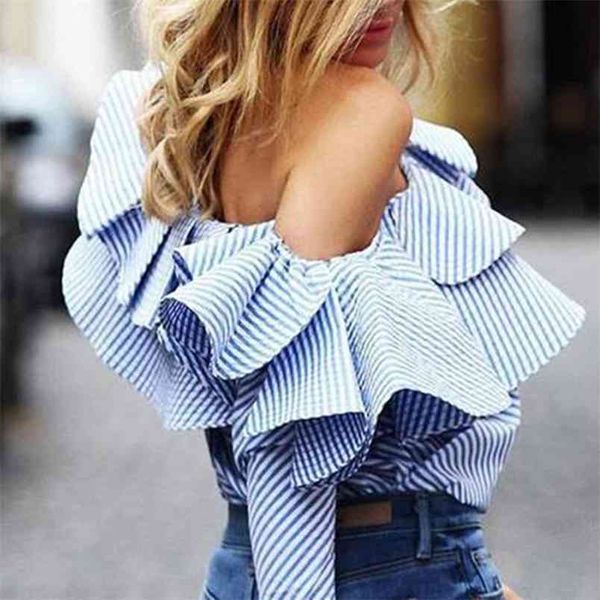 

kayotuas women blouse striped plaid print one shoulder ruffle office lady long sleeve summer shirts loose casual streetwear 210522, White