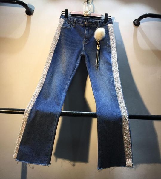 

women's jeans fashion beaded pink sequin woman high-waisted slimming capri pants female dark blue denim women student jean