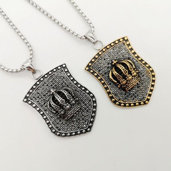 Männer Edelstahl Hip Hop Cook Punk Halskette Bling Volle Kristalle Vintage Crown Schild Anhänger Schmuck Halsketten