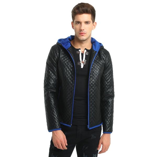 

men's fur & faux casual plaid leather coat with a contrasting color hooded jacket men, Black