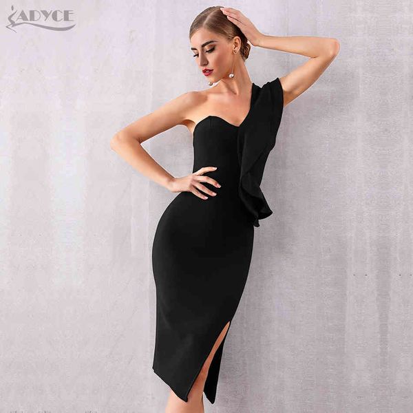 

summer one shoulder women bandage dress celebrity evening party ruffle midi black bodycon club 210423, Black;gray