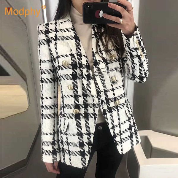 Elegante outono inverno xadrez mulheres blazer casaco causal manga longa tweed short office senhoras bolso terno feminino 210527