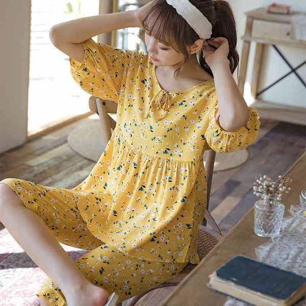 

women's sleepwear summer pajamas short sleeve cotton silk suit round neck thin small floral 6cvw, Black;red