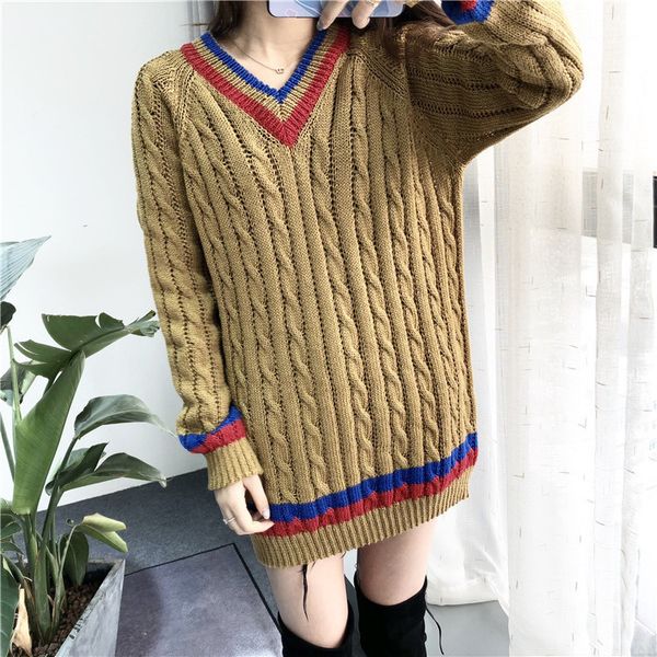 

gold v-neck linen red and blue stripe sweater, White