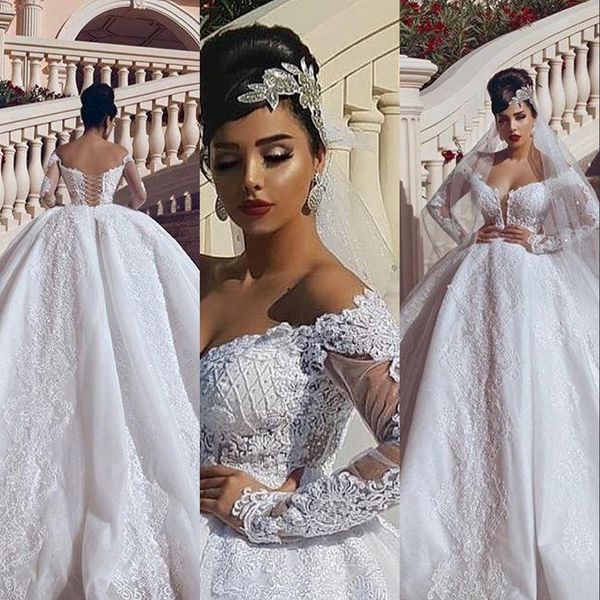 

2021 luxurious arabic gorgeous ball gown wedding dresses off shoulder lace appliques beads long sleeves sweep train puffy tulle open back br, White