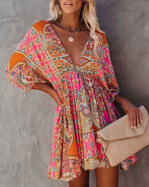 

spring / 2021 summer large fast connect v-neck waist print dress, Black;gray