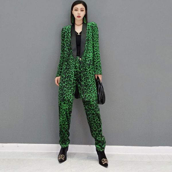 

women's two piece pants european station autumn 2021 suit fashion green leopard print jacket + wide leg two-piece sets female, White