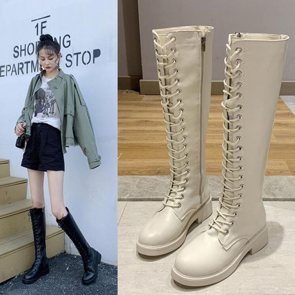 

boots knee high women shoes woman fashion flat pu zipper shoelace 2021 spring comfortable breathable, Black