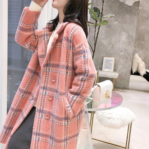

women's wool & blends cashmere woolen coat ladies casual turn-down collar coats female warm outwear winter plaid women faux mink, Black