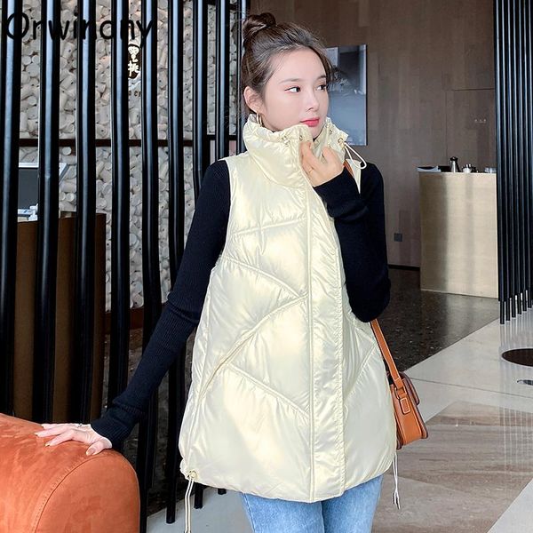 

women's vests orwindny 2021 winter cotton vest coat women loose stand collar autumn warm waistcoat drawstring indoor wear clothing slee, Black;white