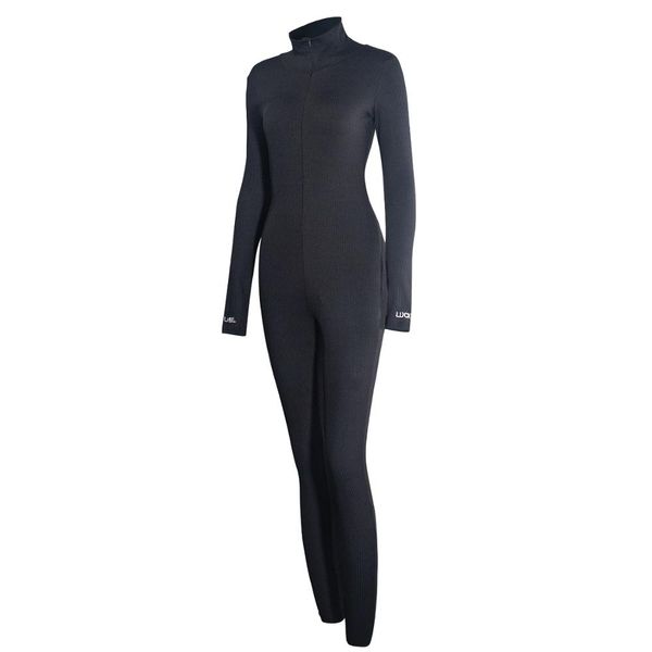 

2011Women Embroidery Zipper High Neck Bodycon Jumpsuit Outfit Long Sleeve Rompers Ribbed Sporty Fitness Lucky Label Slim Jumpsuit, Black