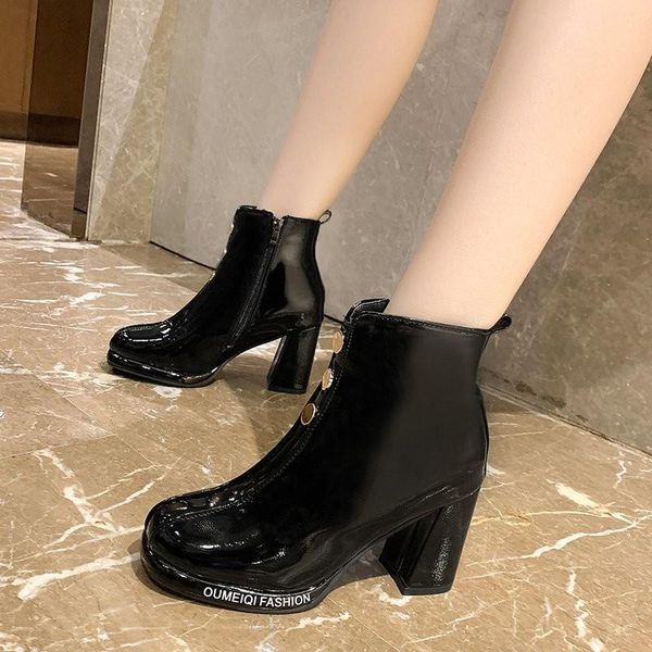 

dress shoes 2021 fashion zipper boots female front metal buckle opening botas ankle winter thick high heels patent leather short, Black