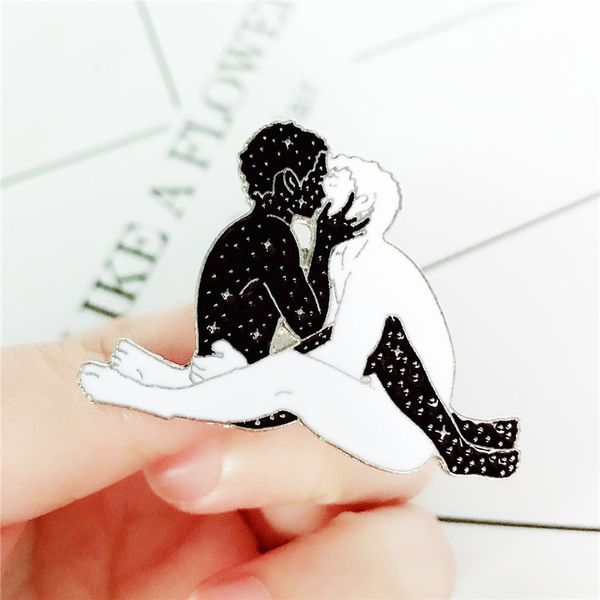 

black white kiss couple brooch pins eco enamel cartoon funny alloy plated brooches for girls gift jewelry badges bag clothes denim shirt pin, Gray