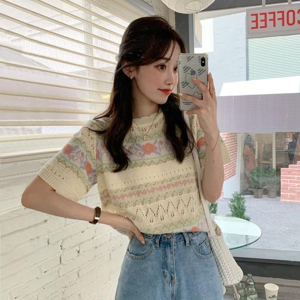 

women's t-shirt summer jacquard short-sleeved loose knit retro hollow out, White