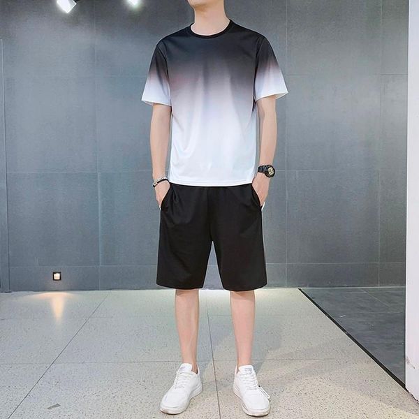

men's tracksuits summer gradient short sleeved men suit fashion casual t-shirt shorts 2 piece set street trend mens tracksuit, Gray