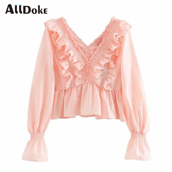 

women's blouses & shirts alldoke elegant ruffles pink blouse women summer v neck lantern sleeve crop shirt backless casual ladies blus, White