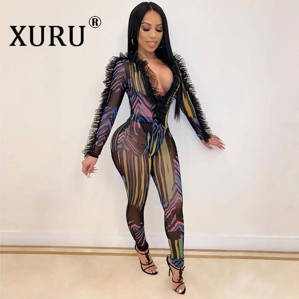 

women's jumpsuits & rompers xuru club jumpsuit deep v-neck long sleeve ruffle print skinny pants spring 2021, Black;white