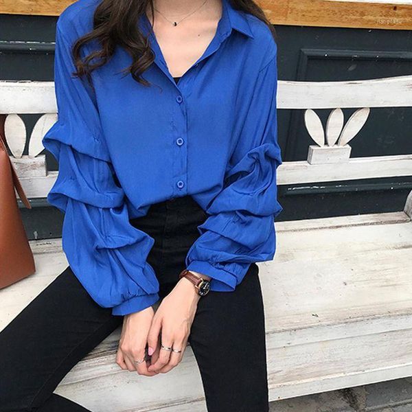 

women v-neck blouse puff long sleeve fashion solid casual loose korean shirts spring autumn women's blouses, White