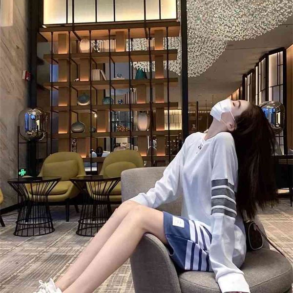 

long sleeve thin sweater women's tb early spring autumn winter new four bar loose waffle couple's fashion coat, Black