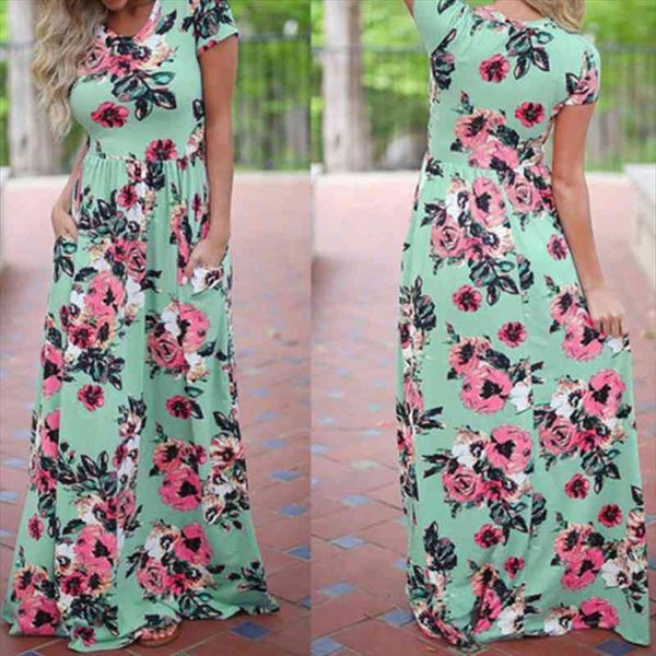 

pocket tunic maxi summer long dress floral print boho beach dress women green pink party sundress vestidos de festa 3xl, Black;gray