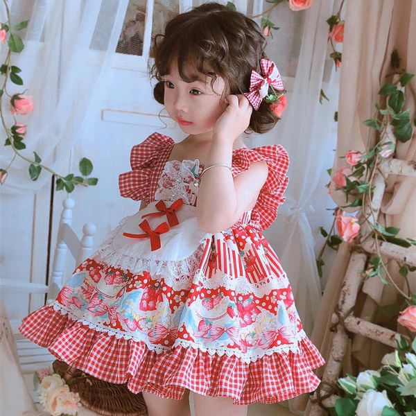 Kinder Spanisch Boutique Kleider für Baby Mädchen Türkei Vintage Stil Mädchen Erdbeere Kleid Säugling Geburtstag Lolita Ballkleid 210615