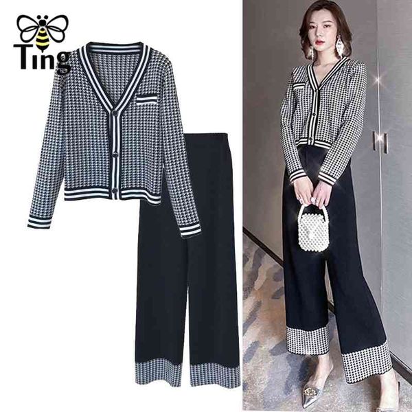 

spring autumn knitting women's sets single breasted sweater cardigans + casual trousers pants women 2 pcs set streetwear 210513, White