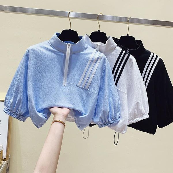 

women's t-shirt sports for 2021 short sleeve drawstring crop high waist loose, White