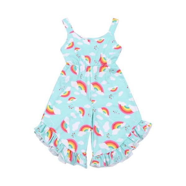 

jumpsuits 1-6y summer toddler baby girls rompers 2021 strap rainbow print ruffles sleeveless belt wide leg pants one-pieces, Blue