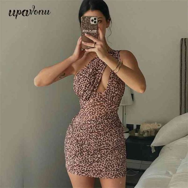 

pink leopard print dress summer women inclined collar sleeveless hollow bodycon draped club party mini 210524, Black;gray
