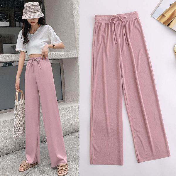 

women's pants & capris 2021 women long summer casual soft ice silk wide leg elastic waist high, Black;white