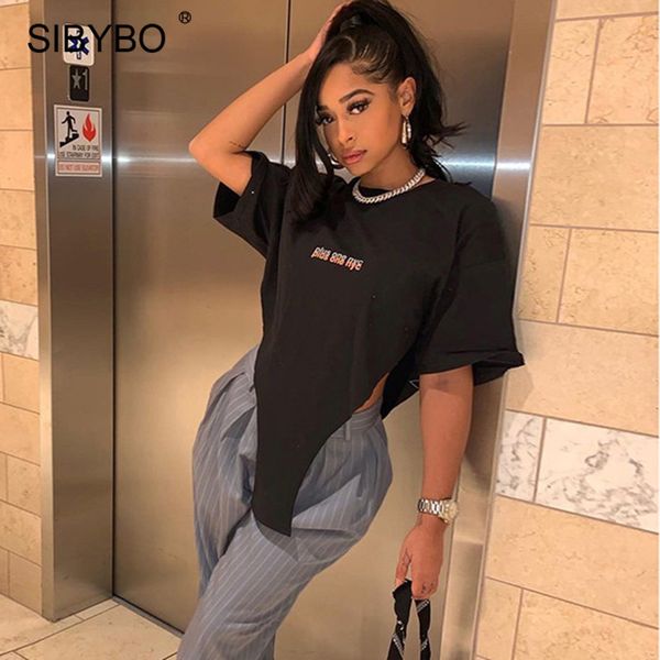 

sibybo o-neck letter print casual tee shirt women 2021 spring short sleeve loose t-shirt female streetwear casual triangle, Black;white