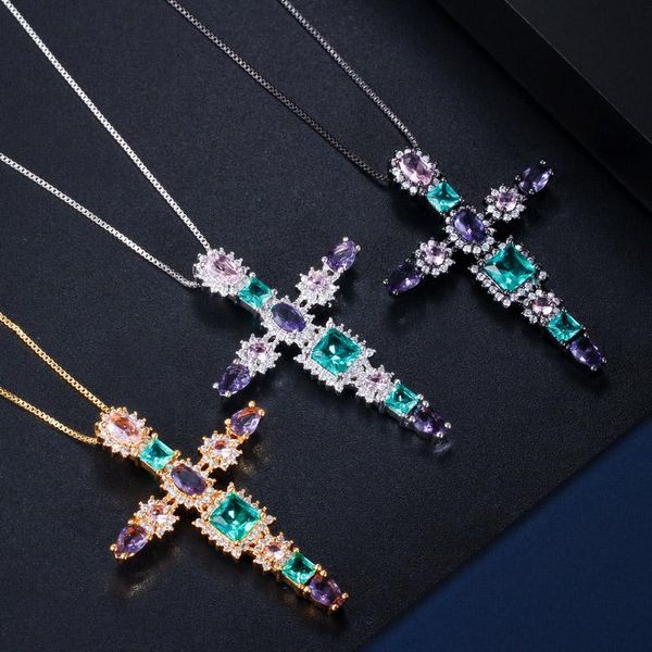 

pendant necklaces eyika elegant colorful cubic zirconia crystal glass big cross necklace for women black gold color jewelry accessories, Silver