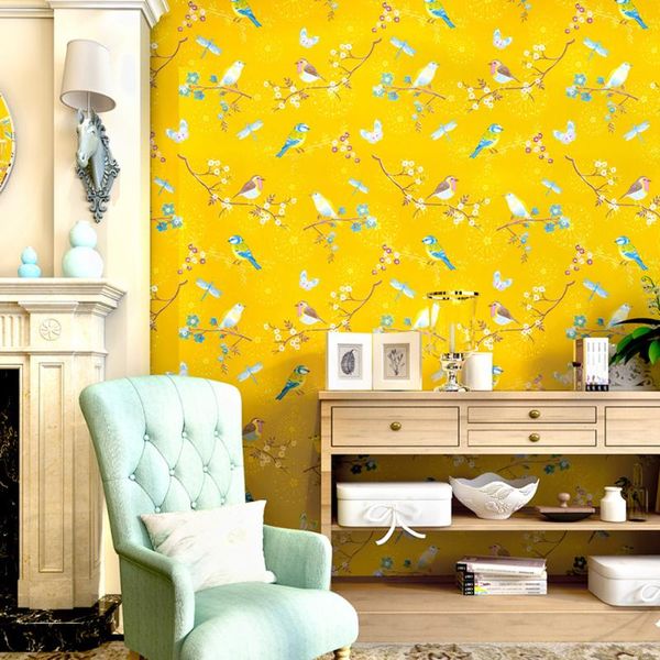 

wallpapers american pastoral flowers and birds wallpaper vintage yellow floral wall paper retro living room tv background bedroom decor