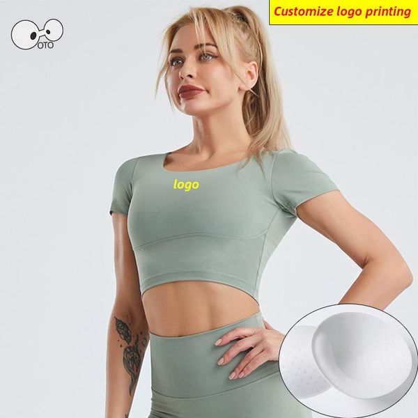 

custom logo crossback padded yoga crop short sleeve gym shirts women workout fitness running clothes elastic sports bra 2021 jerseys, Black;blue