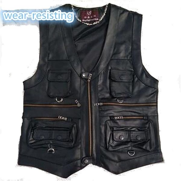 

gentlement leather vest male slim commercial male leather vest sheepskin leather men vest waistcoat with many pockets 211104, Black;white