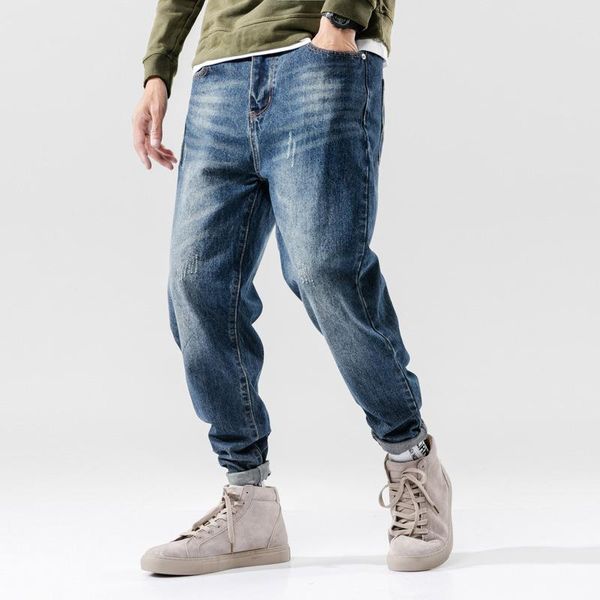 

men's jeans fashion streetwear men retro blue spliced designer denim cargo pants harem loose fit hip hop joggers