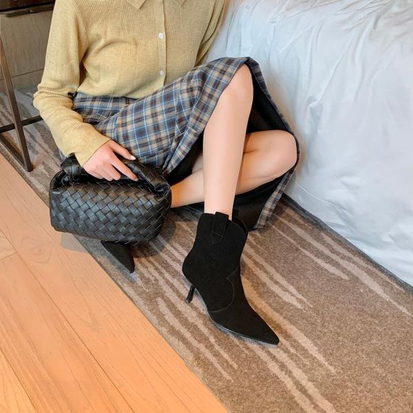 

boots 2021 early winter tide shoes high heel short western, Black