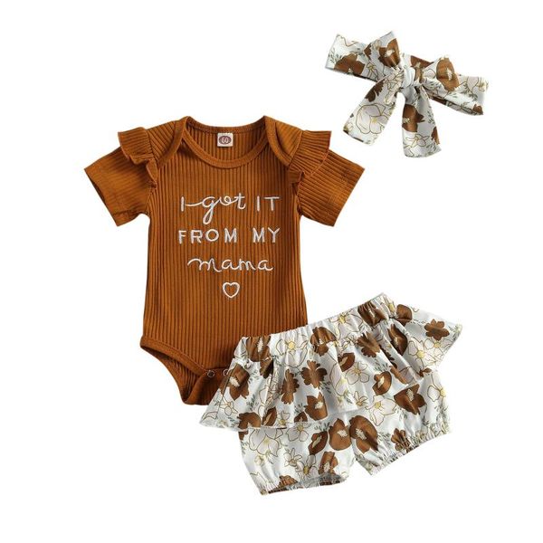 

born baby girls 3-piece outfit set short sleeve letter print romper+floral shorts+headband clothing sets, White