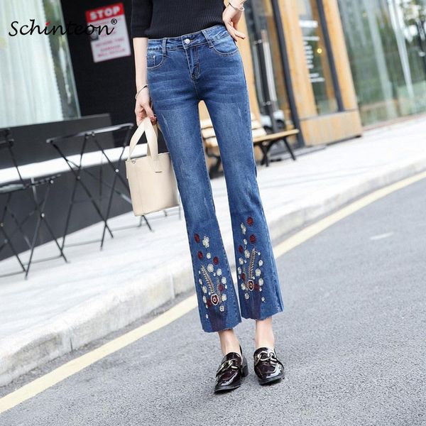 

women's jeans 2021 schinteon plus size women denim ankle-length embroidery pants high waist elasticity trousers fashion 38 40, Blue