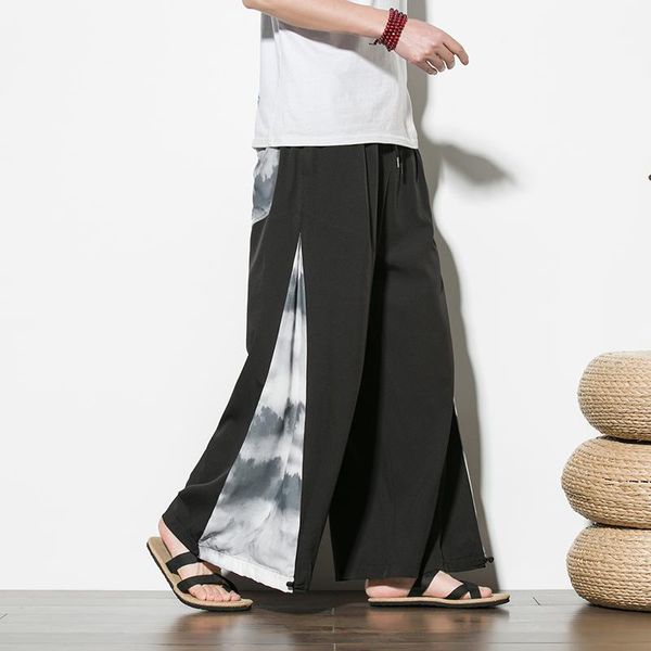 

men's pants plus men painting pockets high street casual trousers wide leg 2021 drawstring joggers baggy fashion harem m-5xl, Black