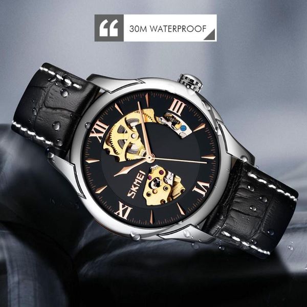

fashion hollow mechanical wristwatches brand skmei watches mens watch luxury automatic men business leather strap, Slivery;brown