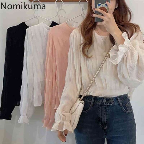 

nomikuma blusas mujer autumn new korean shirt o neck long sleeve elegant blouse women solid color casual fashion 3c798 210323, White
