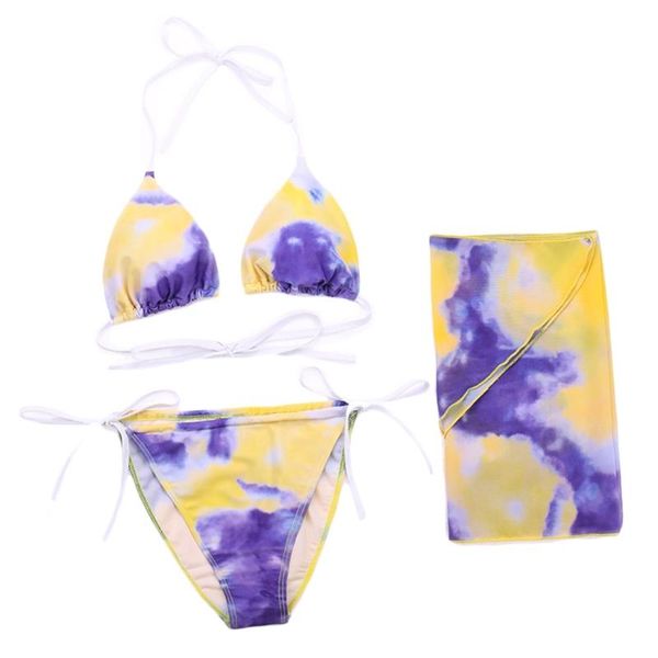 

one-piece suits women 3pcs tie-dye bikini set halter tie side swimsuit with sarong cover up a69a