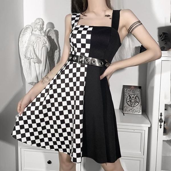 

casual dresses black white patchwork plaid printed spaghetti strap gothic dress square collar summer fashion women, Black;gray